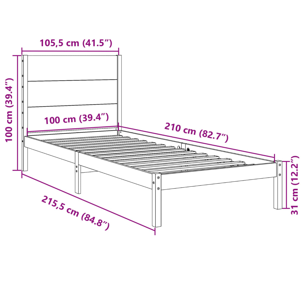Cadre de lit extra long sans matelas 100x210 cm bois massif - XIOS