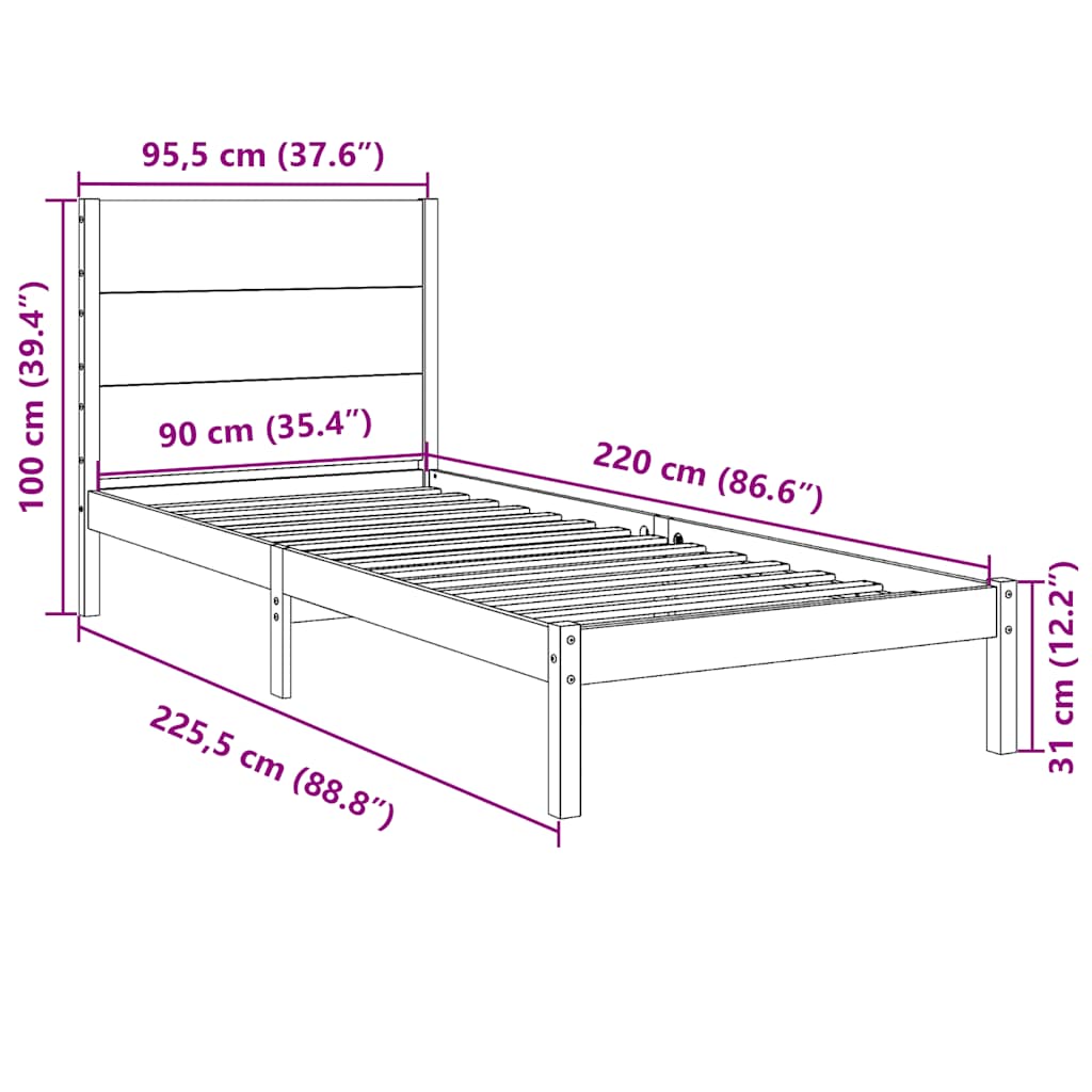 Cadre de lit extra long sans matelas 90x220 cm bois massif - XIOS