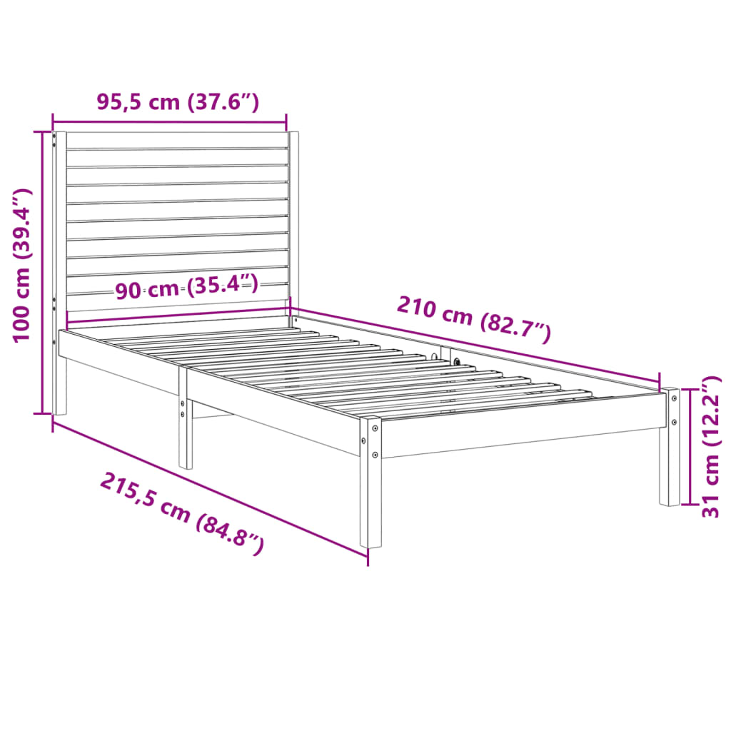 Cadre de lit extra long sans matelas 90x210 cm bois massif - XIOS