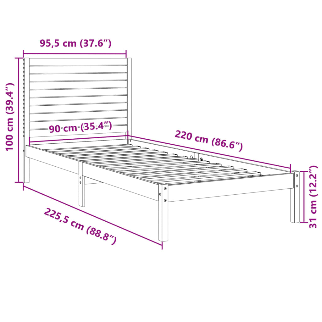Cadre de lit extra long sans matelas 90x220 cm bois massif - XIOS