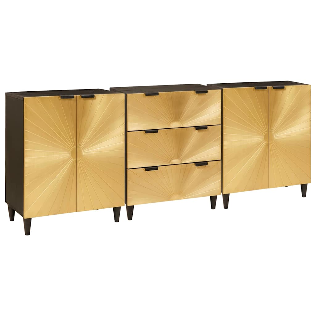 Buffet 3 pcs Noir et or 60 x 33 x 75 cm bois de manguier massif