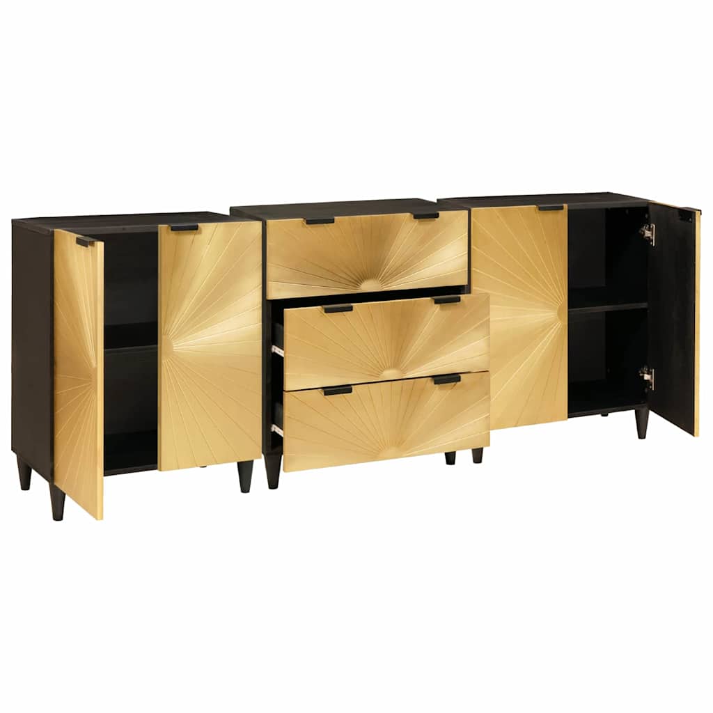 Buffet 3 pcs Noir et or 60 x 33 x 75 cm bois de manguier massif