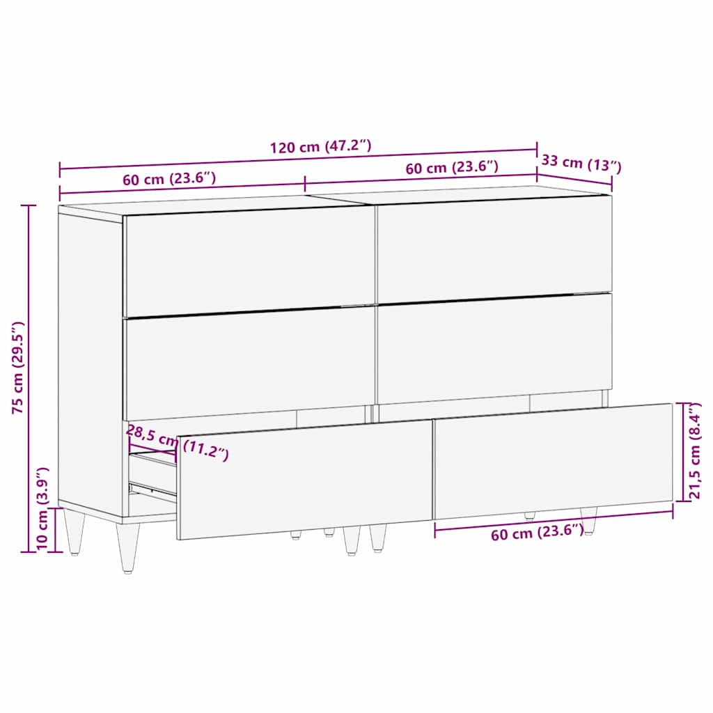Buffet 2 pcs Blanc 60 x 33 x 75 cm bois de manguier massif