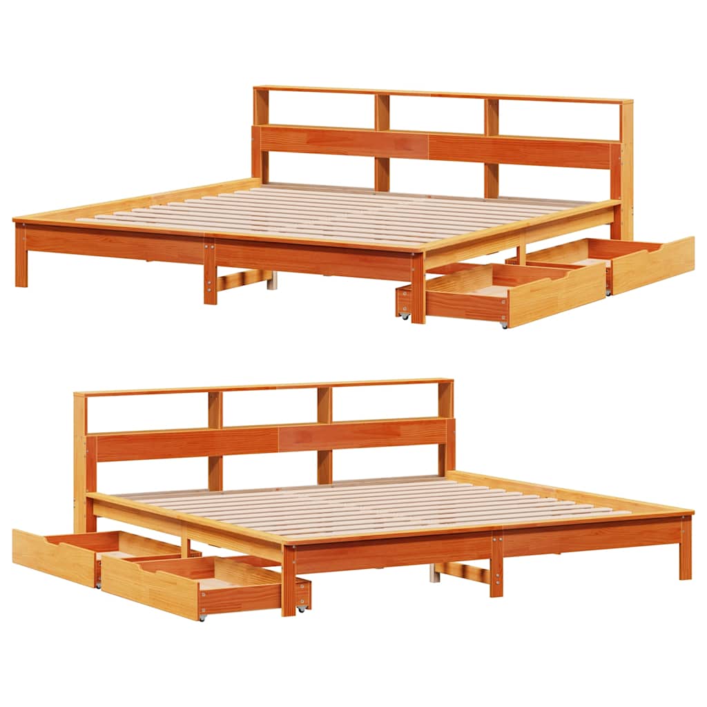 Lit bibliothèque sans matelas cire marron 200x200 cm pin massif - XIOS