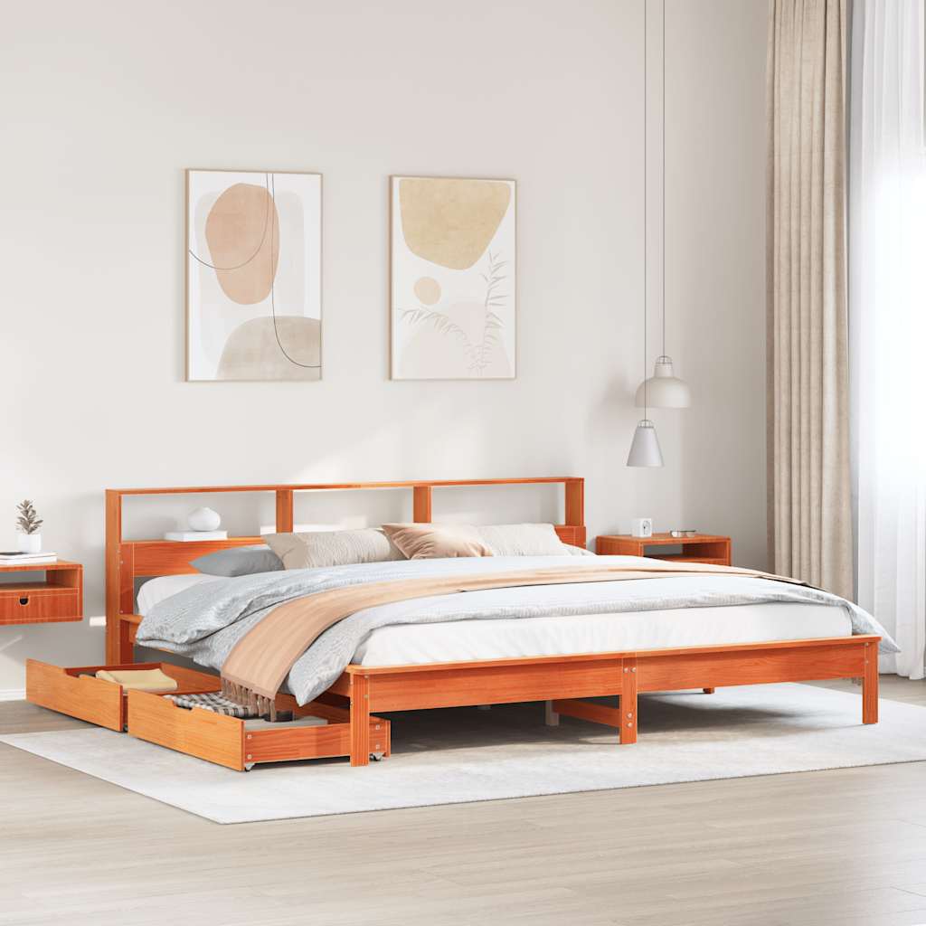 Lit bibliothèque sans matelas cire marron 180x200 cm pin massif - XIOS