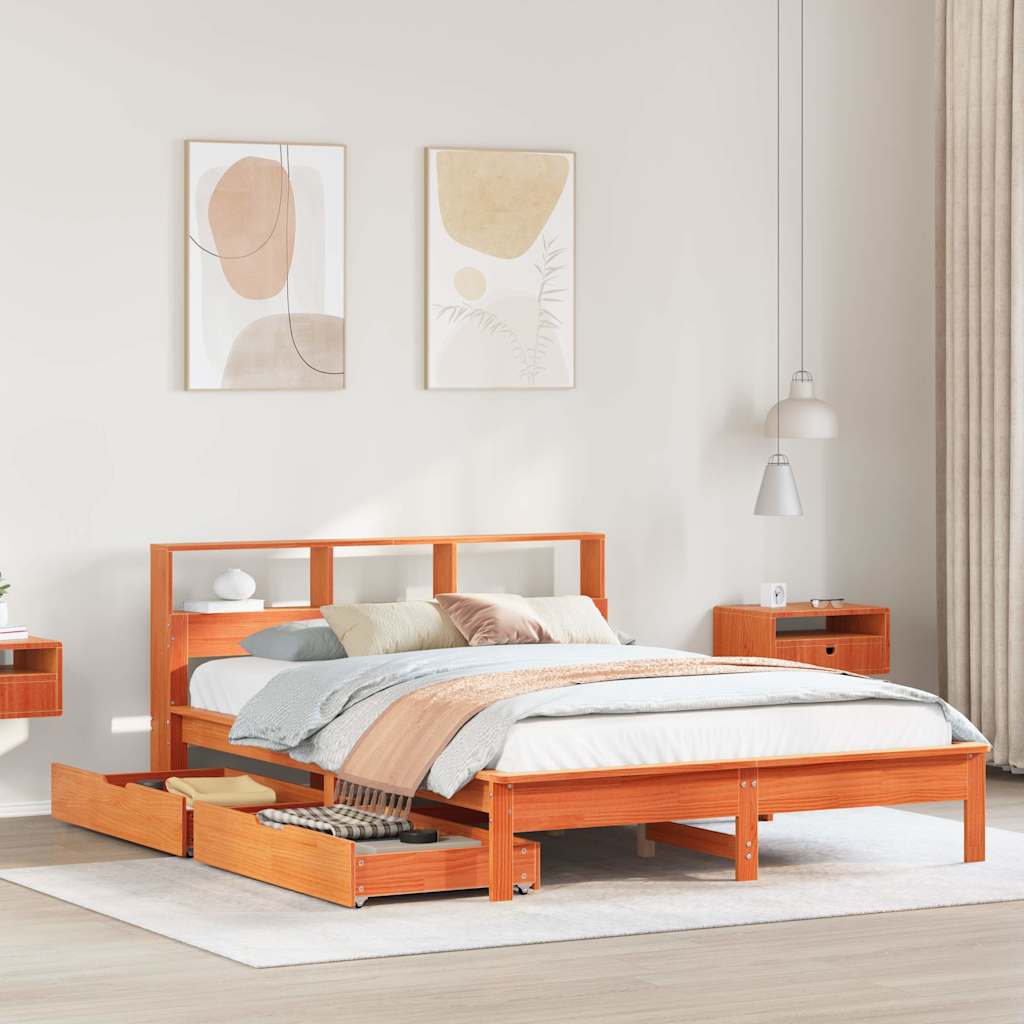 Lit bibliothèque sans matelas cire marron 150x200 cm pin massif - XIOS