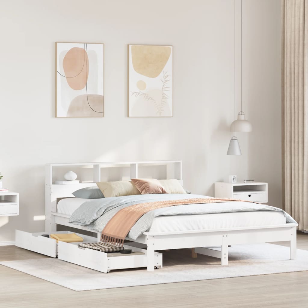 Lit bibliothèque sans matelas blanc 140x200 cm bois pin massif - XIOS