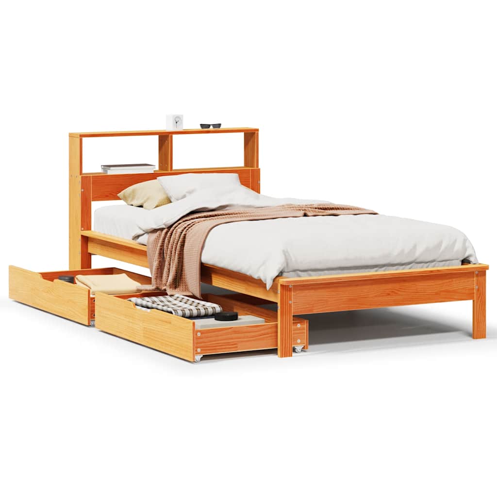 Lit bibliothèque sans matelas cire marron 90x200 cm pin massif - XIOS
