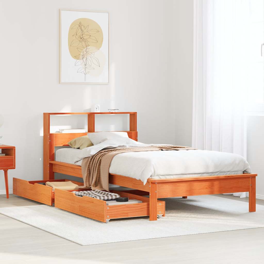 Lit bibliothèque sans matelas cire marron 75x190 cm pin massif - XIOS