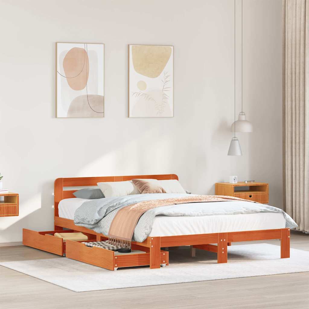 Cadre de lit sans matelas cire marron 140x200cm bois pin massif - XIOS