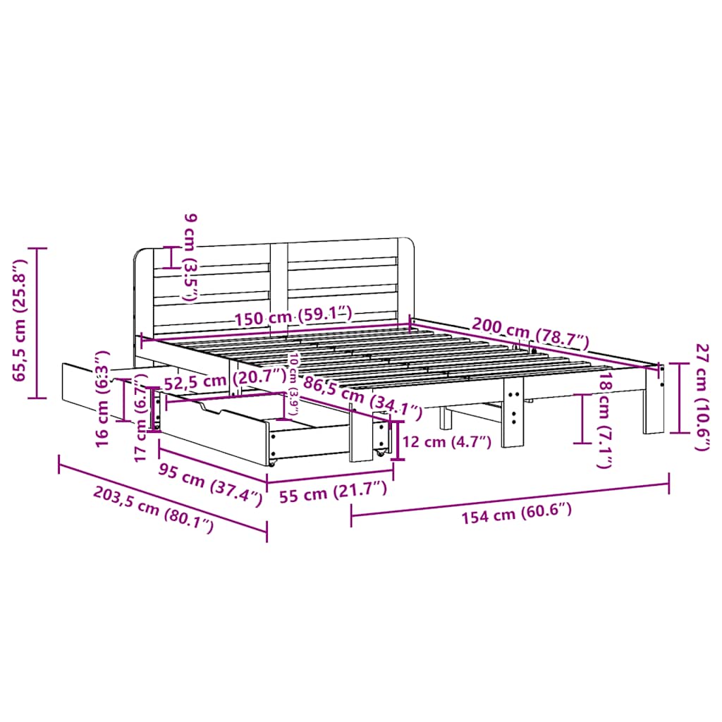 Cadre de lit sans matelas cire marron 150x200cm bois pin massif - XIOS