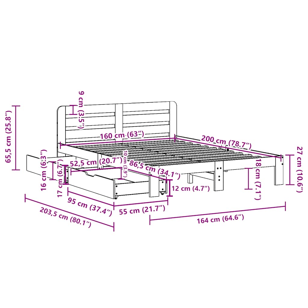 Cadre de lit sans matelas 160x200 cm bois massif de pin - XIOS