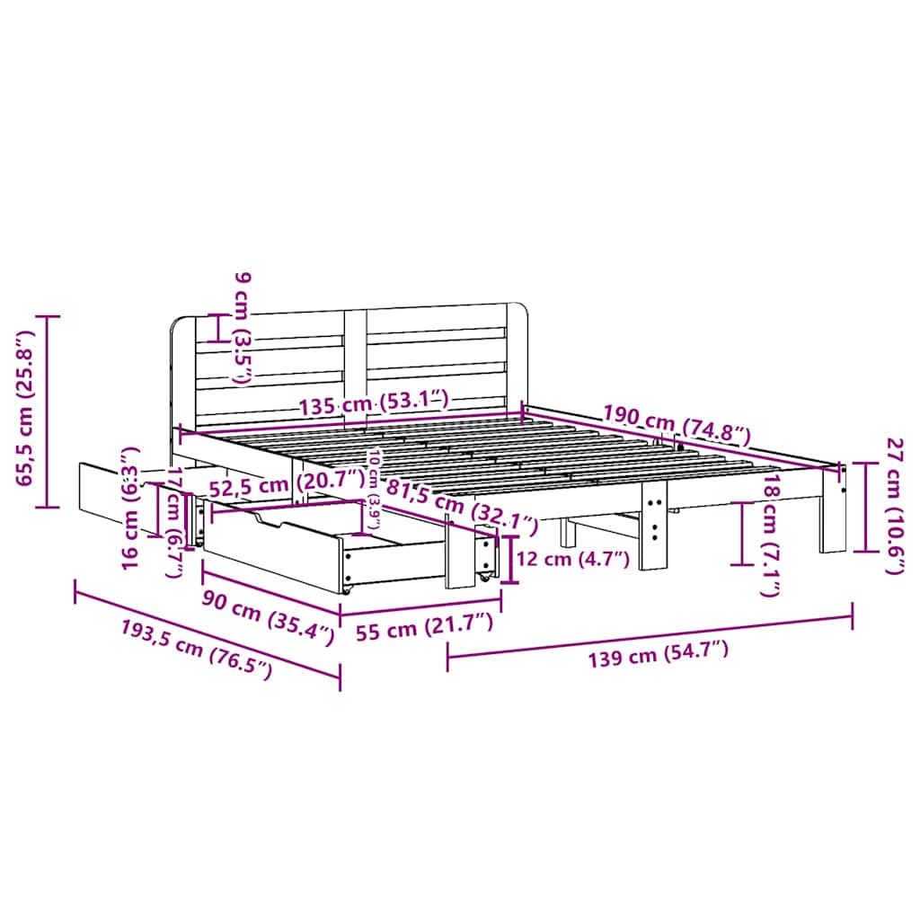 Cadre de lit sans matelas blanc 135x190 cm bois de pin massif - XIOS
