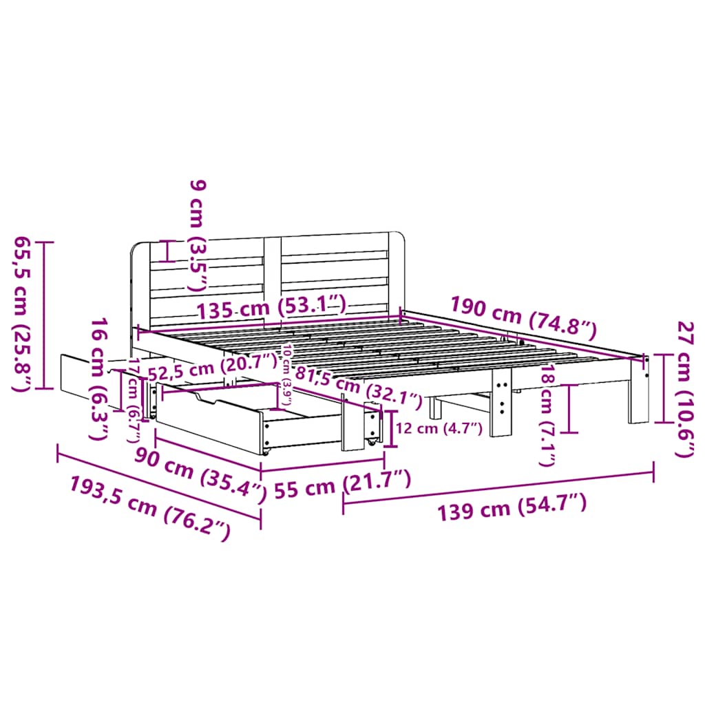 Cadre de lit sans matelas cire marron 135x190cm bois pin massif - XIOS