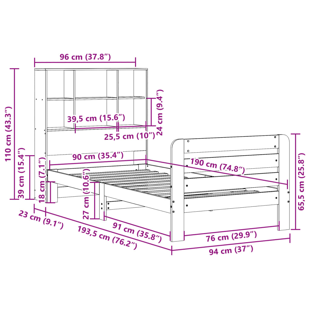 Cadre de lit sans matelas cire marron 90x190 cm bois pin massif - XIOS