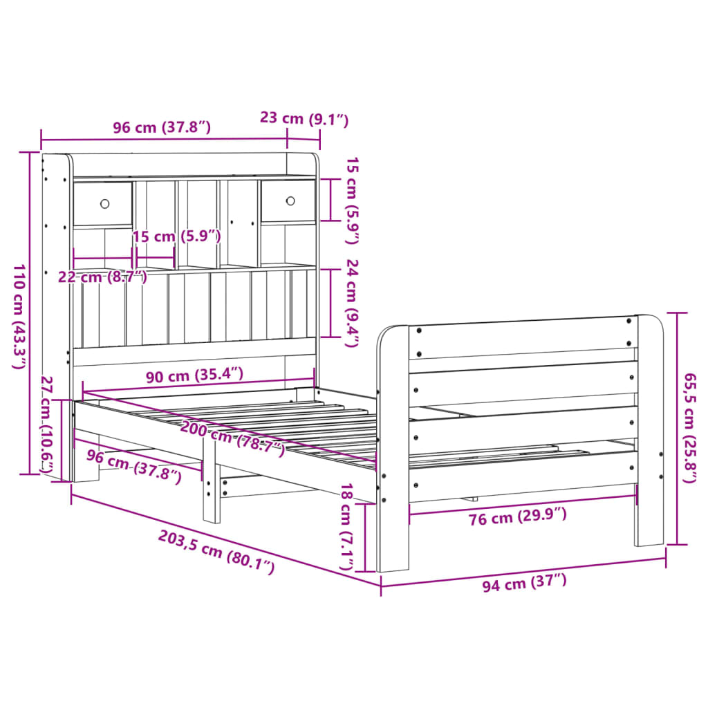 Lit bibliothèque sans matelas 90x200 cm bois de pin massif - XIOS