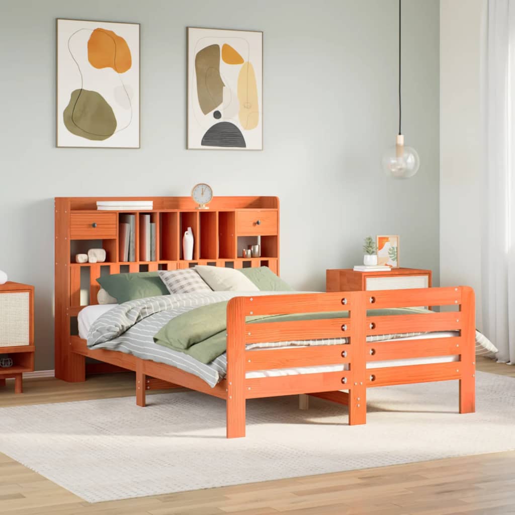 Lit bibliothèque sans matelas cire marron 150x200 cm pin massif - XIOS