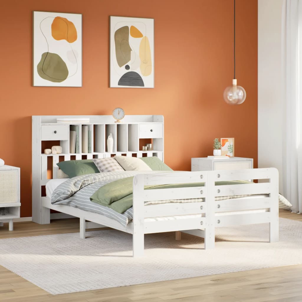 Lit bibliothèque sans matelas blanc 160x200 cm bois pin massif - XIOS