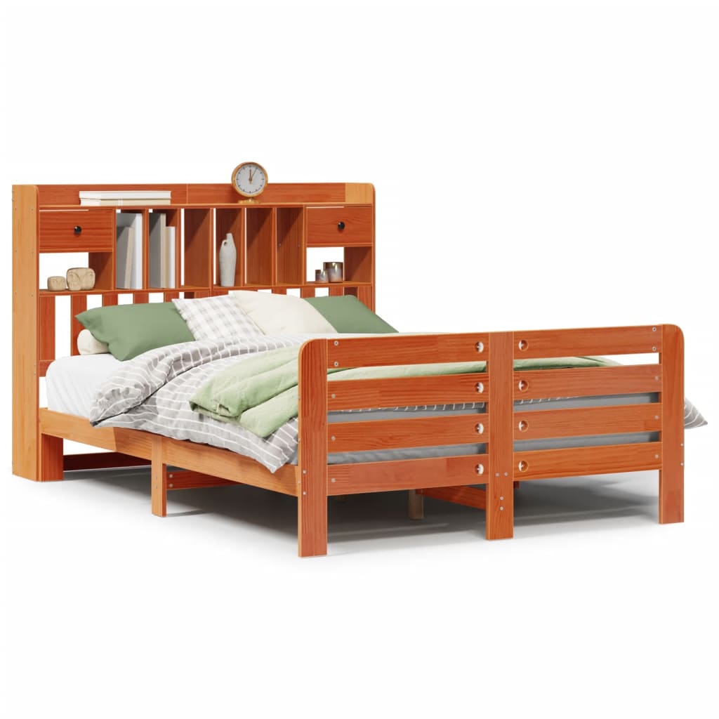 Lit bibliothèque sans matelas cire marron 160x200 cm pin massif - XIOS