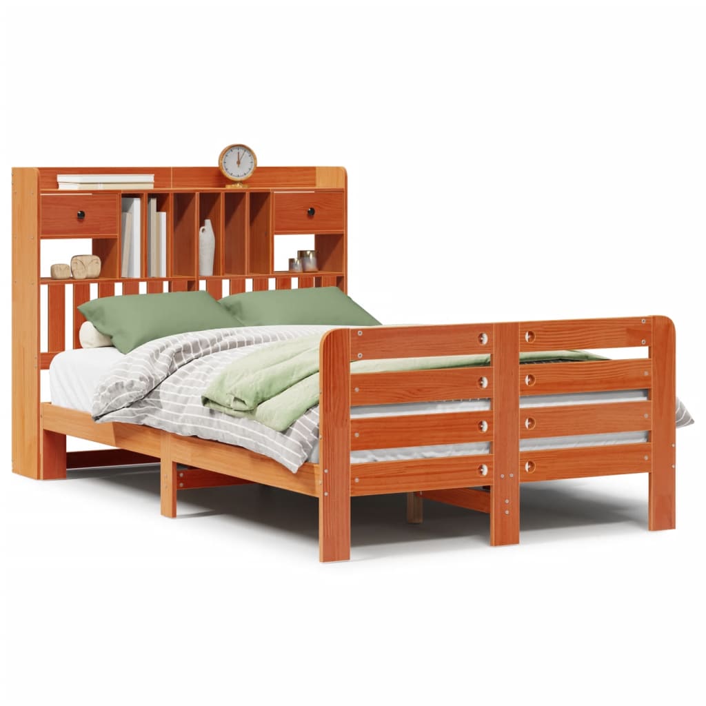 Lit bibliothèque sans matelas cire marron 135x190 cm pin massif - XIOS