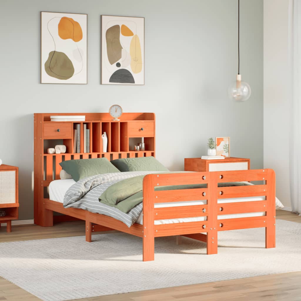 Lit bibliothèque sans matelas cire marron 135x190 cm pin massif - XIOS