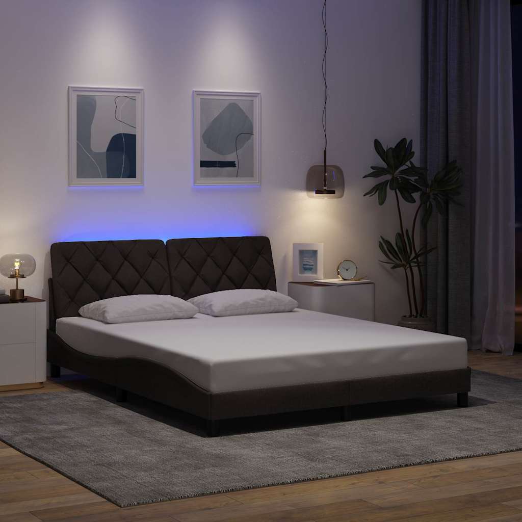 Cadre de lit avec LED sans matelas marron foncé 160x200cm tissu