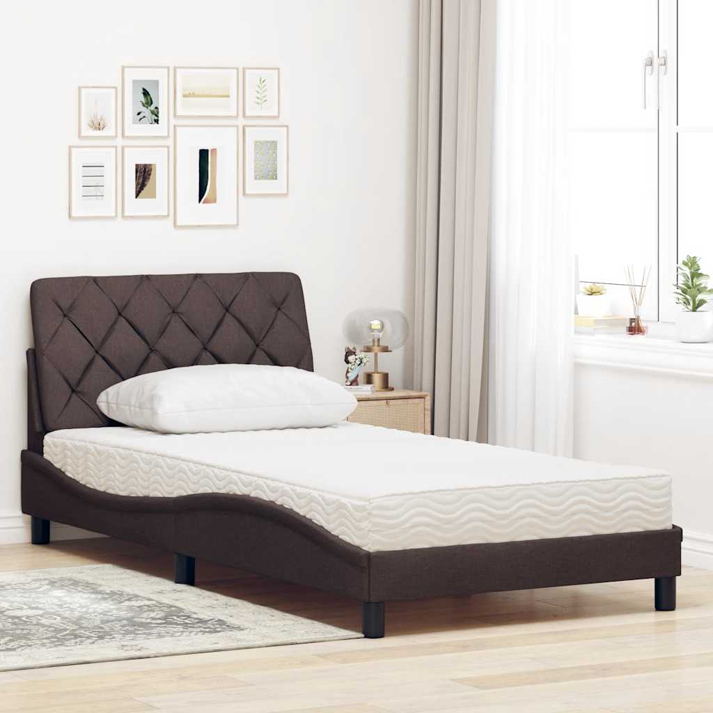 Lit avec matelas marron foncé 100x200 cm tissu