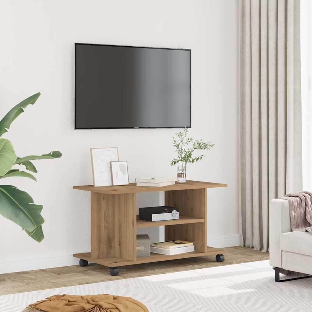 Meuble TV roulettes chêne artisanal 80x40x45 cm bois ingénierie - XIOS