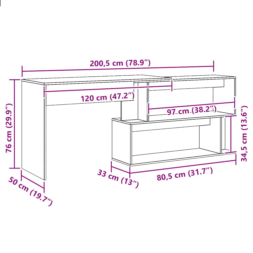 Bureau d'angle chêne artisanal 200,5x50x76 cm bois d'ingénierie - XIOS