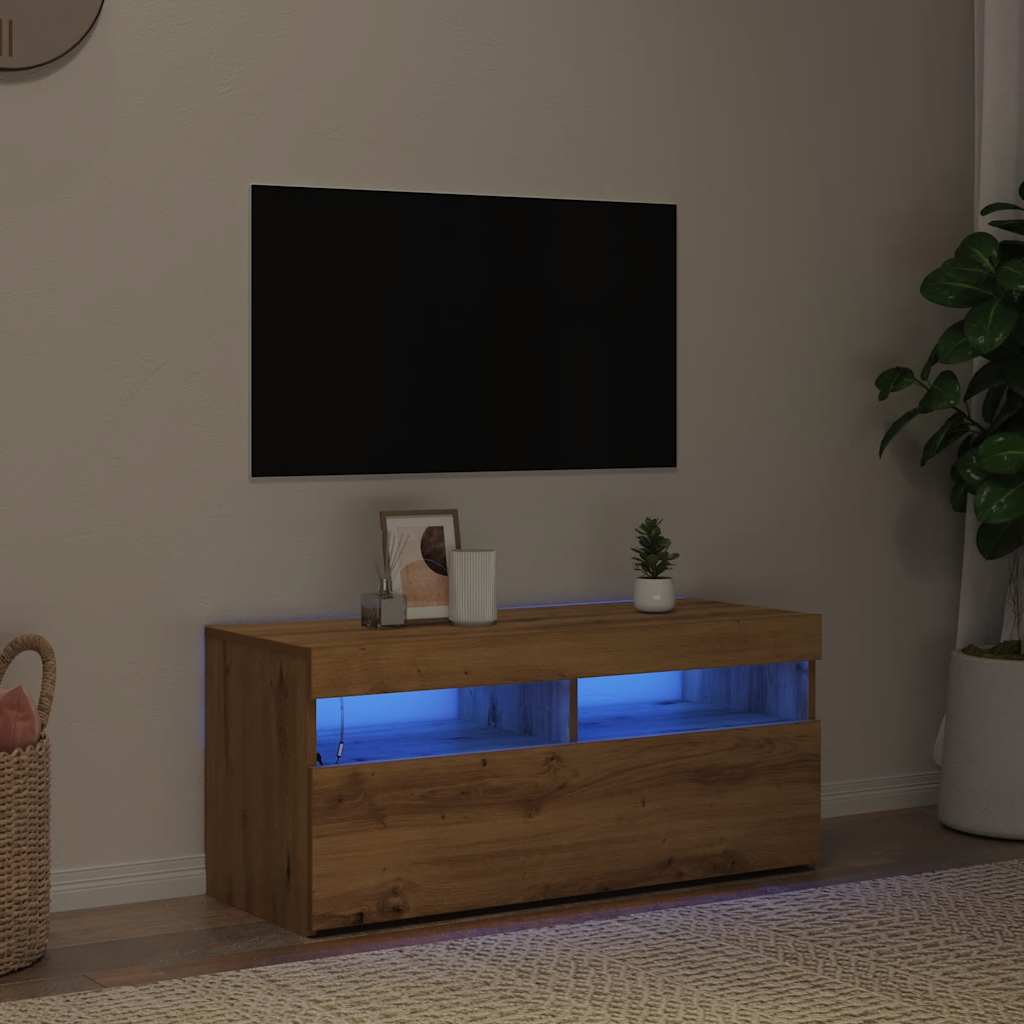 Meuble TV avec lumières LED chêne artisanal bois d'ingénierie - XIOS