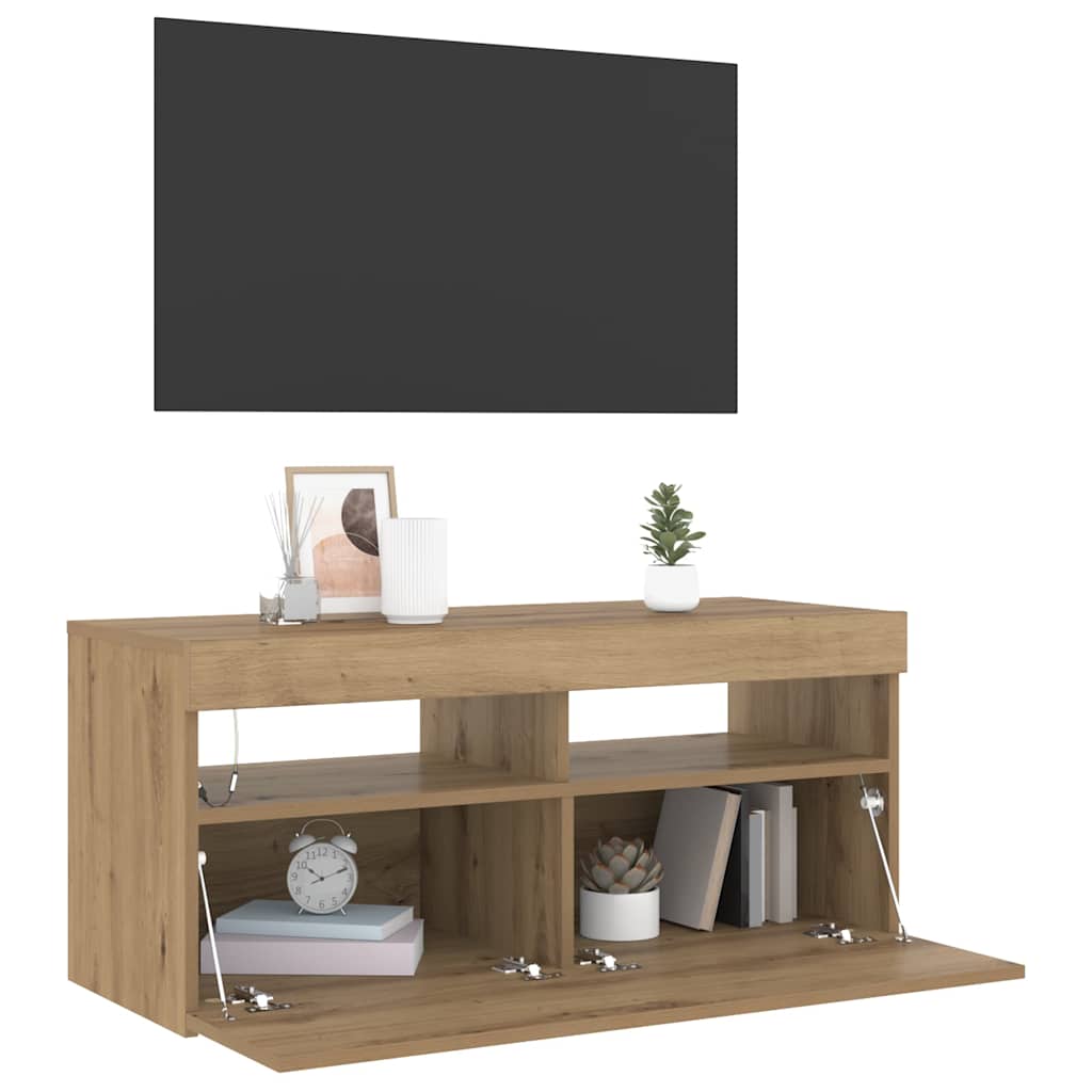 Meuble TV avec lumières LED chêne artisanal bois d'ingénierie - XIOS