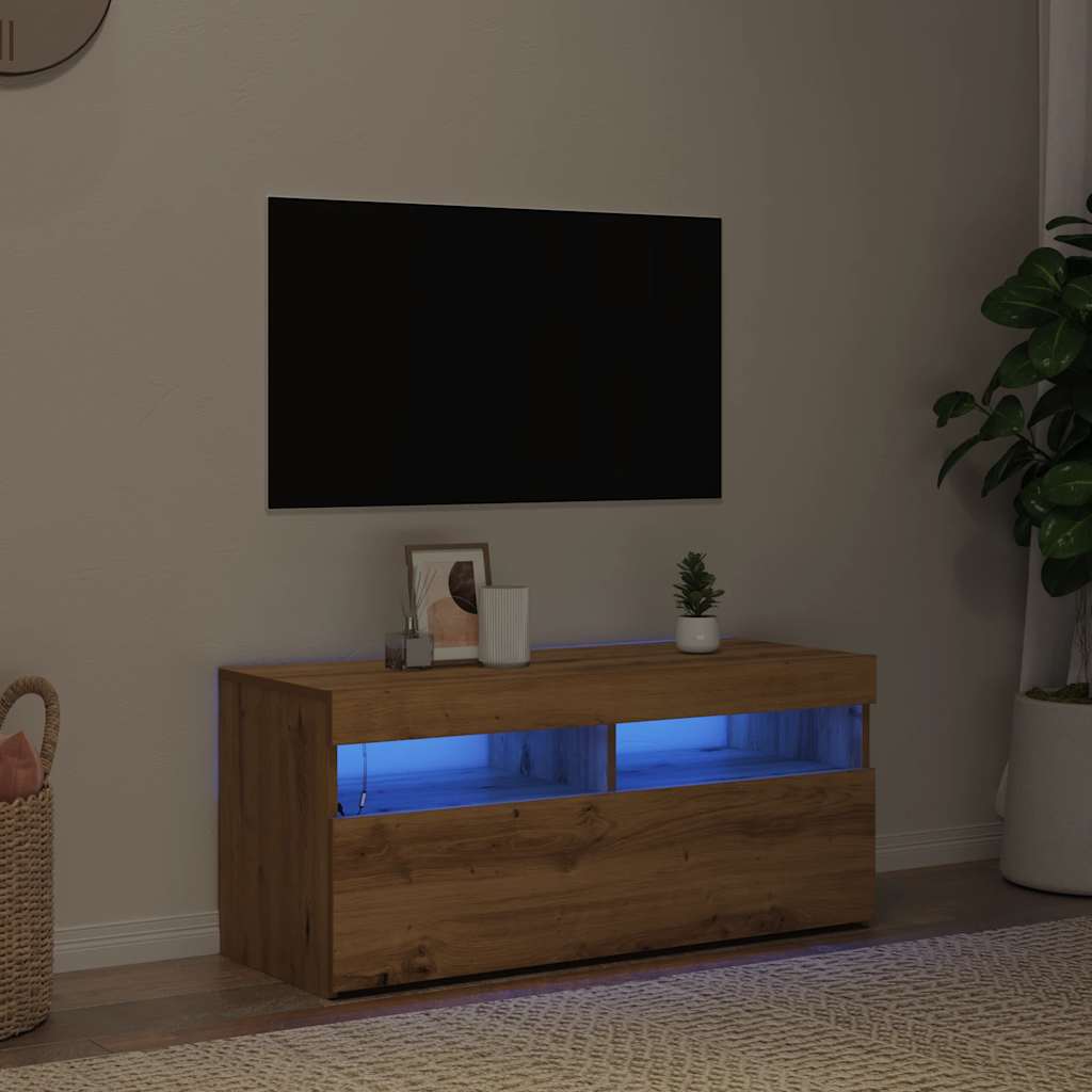 Meuble TV avec lumières LED chêne artisanal bois d'ingénierie - XIOS