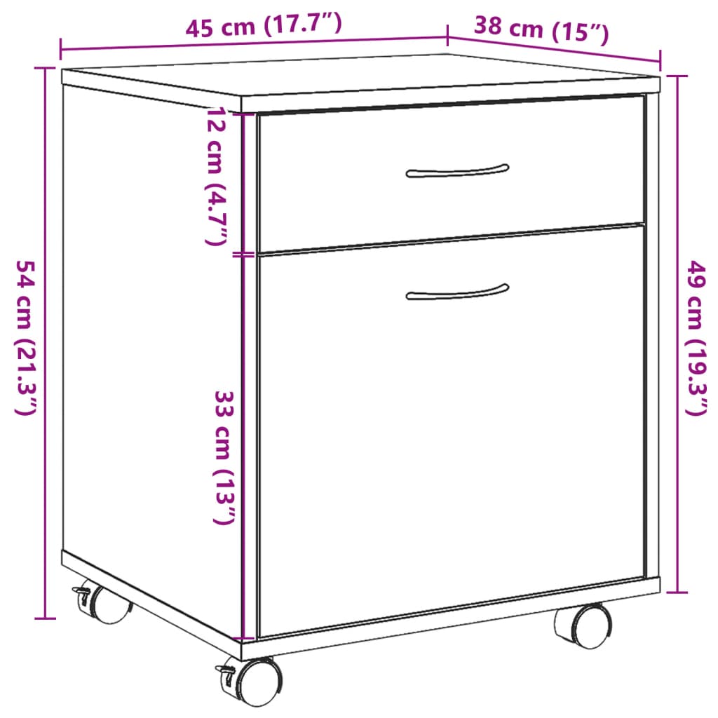 Armoire roulante chêne artisanal 45x38x54 cm bois d'ingénierie