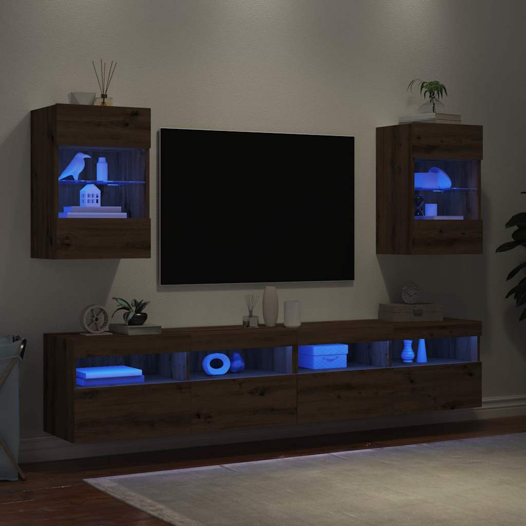 Meubles TV muraux avec lumières LED 2 pcs chêne artisanal Meubles TV vidaXL   
