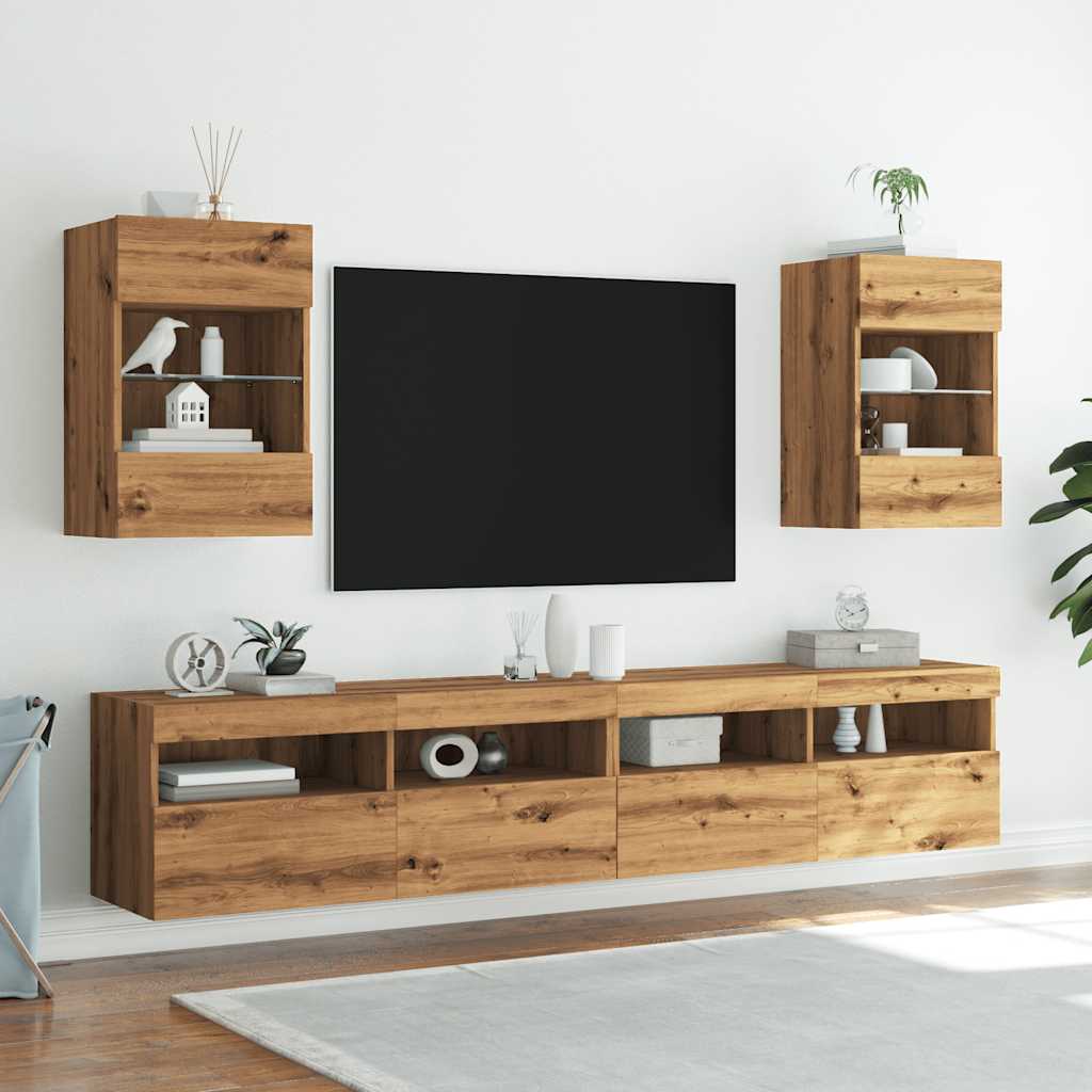 Meubles TV muraux avec lumières LED 2 pcs chêne artisanal Meubles TV vidaXL   