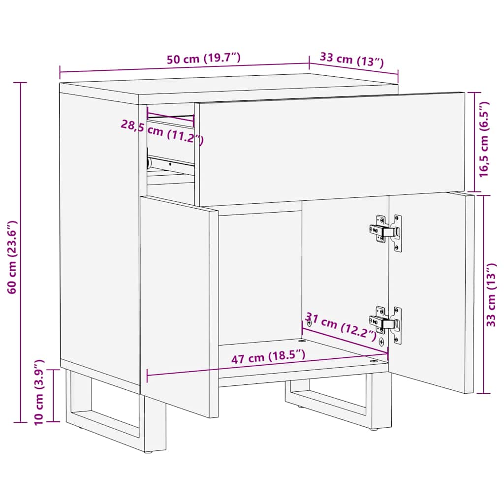 Table de chevet noir 50x33x60 cm bois de manguier massif - XIOS