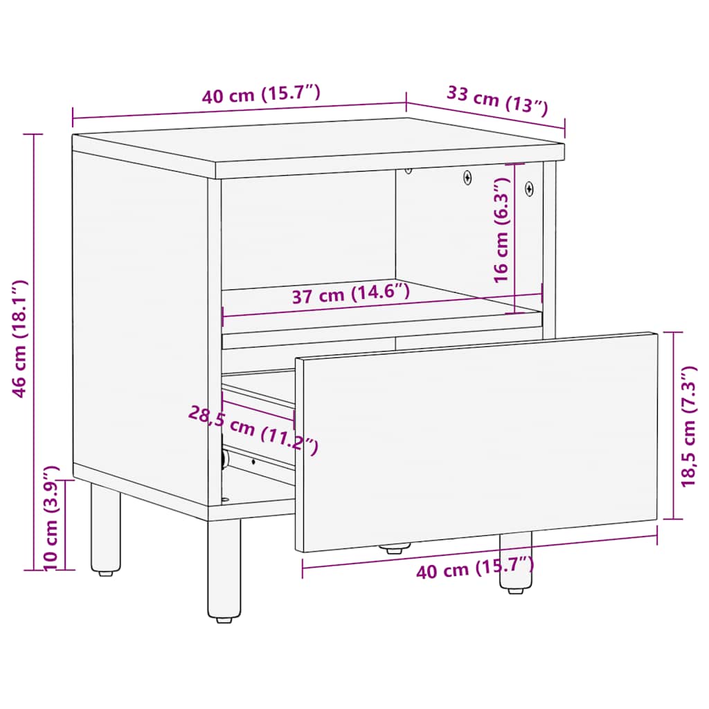 Table de chevet marron 40x33x46 cm bois de manguier solide - XIOS