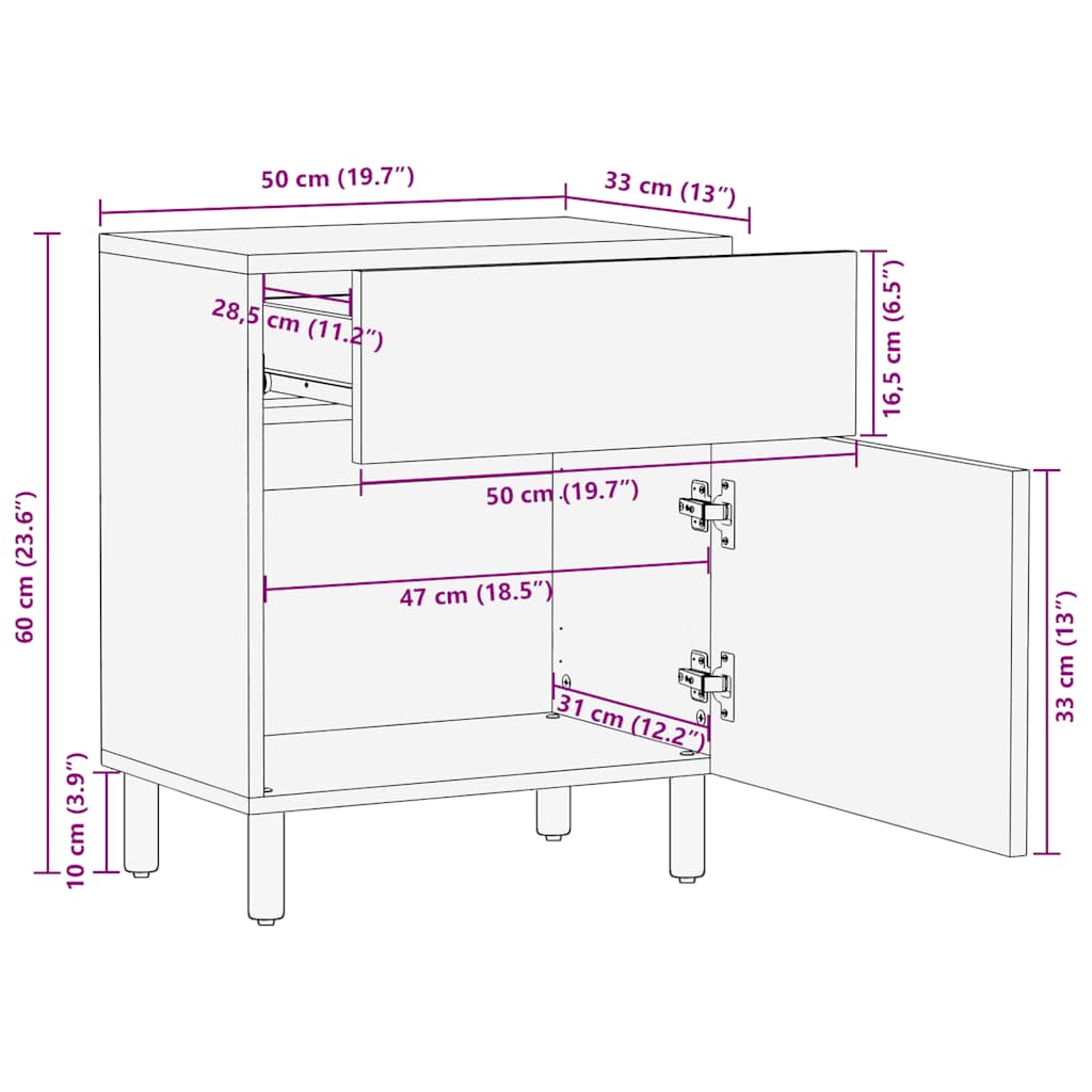 Table de chevet marron 50x33x60 cm bois de manguier massif - XIOS