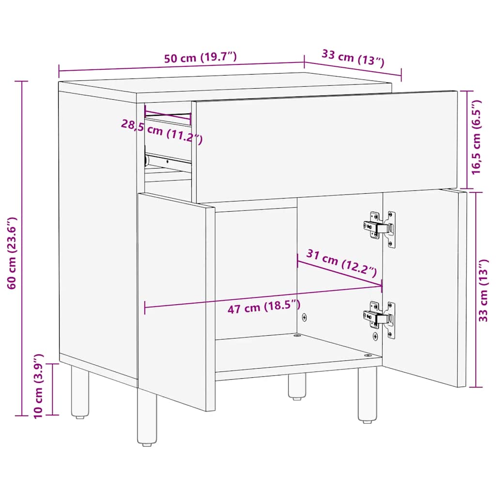 Table de chevet marron 50x33x60 cm bois de manguier massif - XIOS