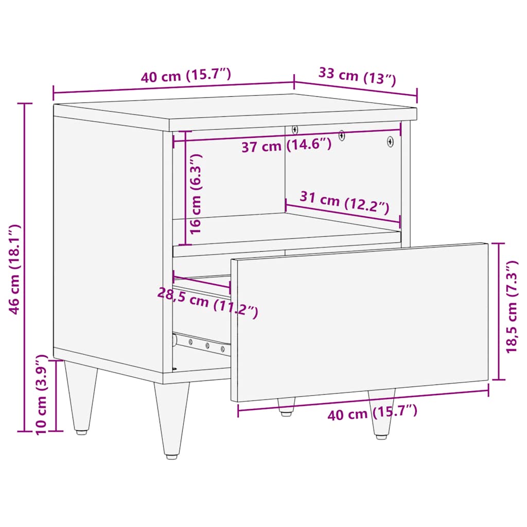 Table de chevet gris clair 40x33x46 cm bois de manguier solide - XIOS