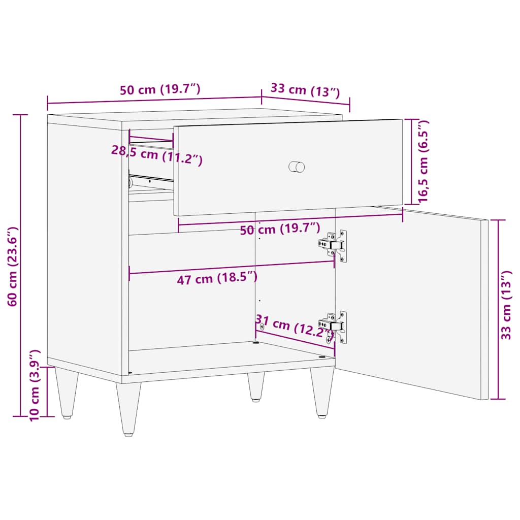 Table de chevet gris clair 50x33x60 cm bois de manguier massif - XIOS