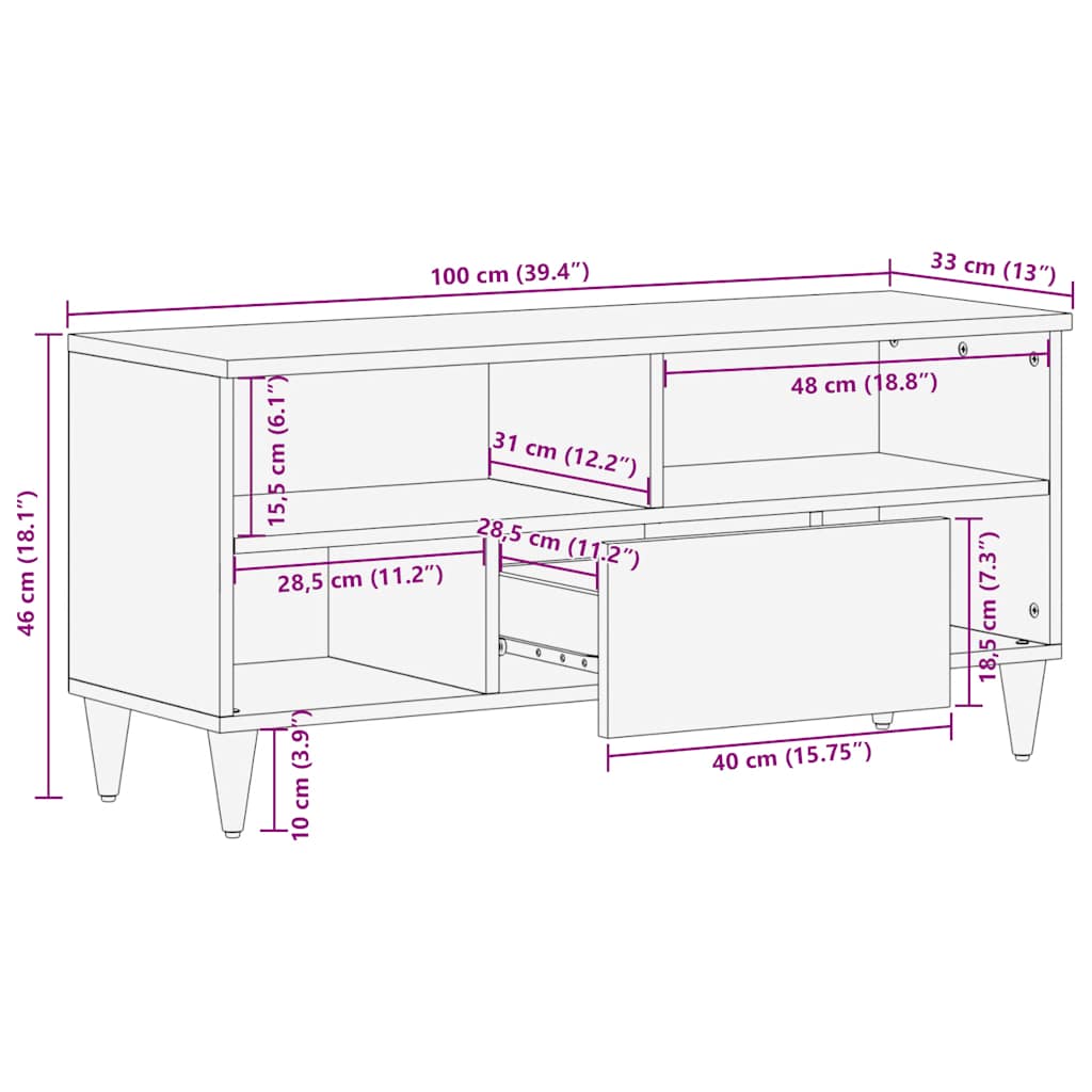 Meuble TV noir 100x33x46 cm bois massif de manguier - XIOS