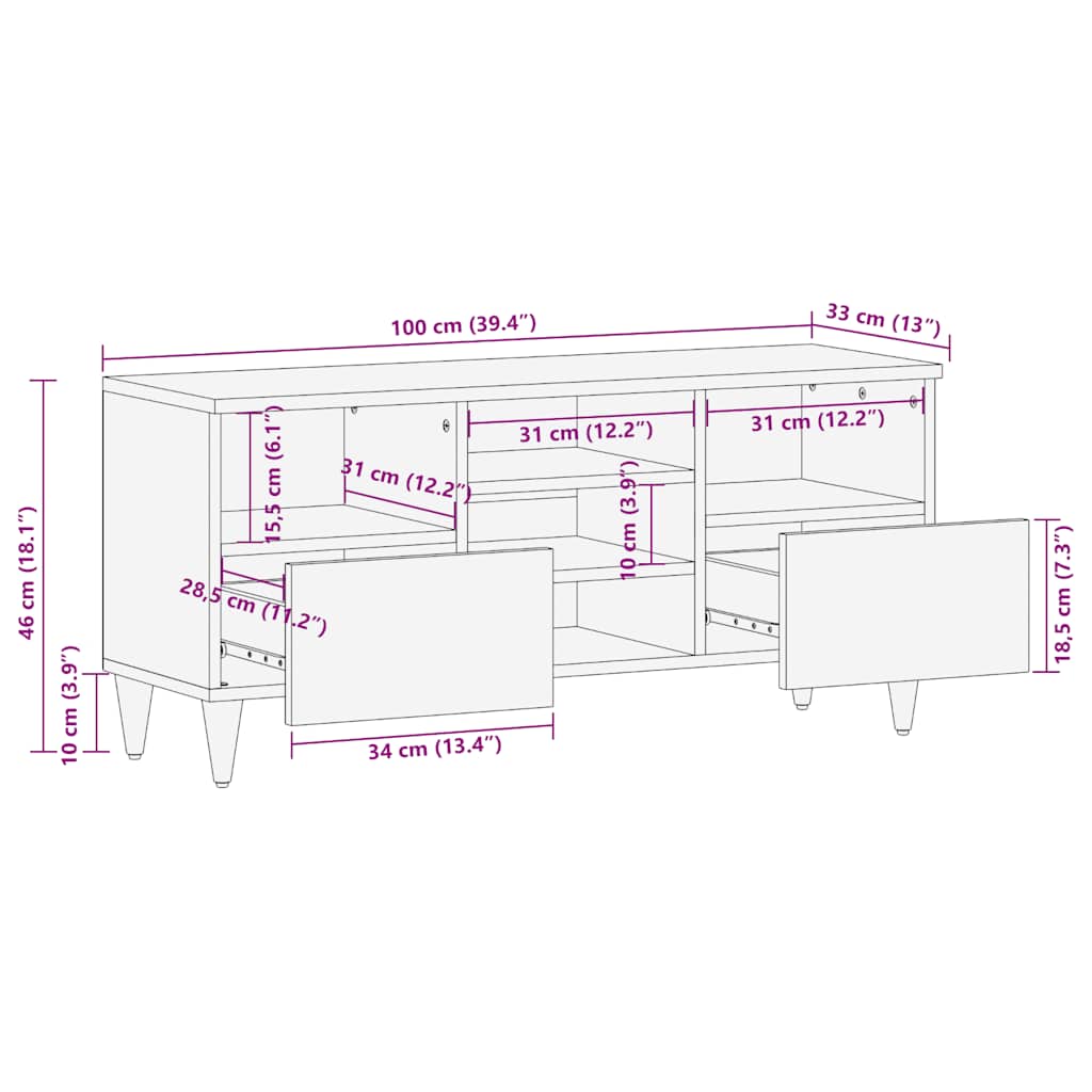 Meuble TV noir 100x33x46 cm bois massif de manguier - XIOS