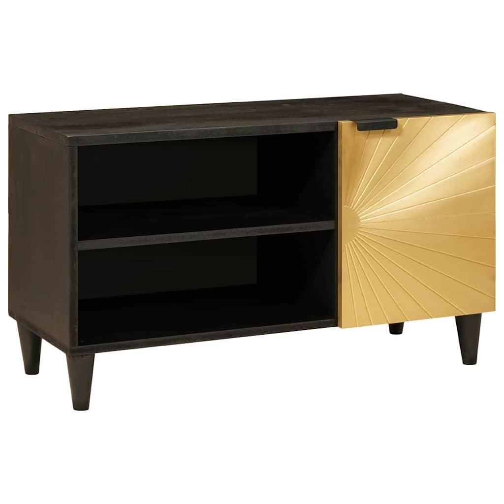 Meuble TV Noir et or 80 x 33 x 46 cm bois de manguier massif
