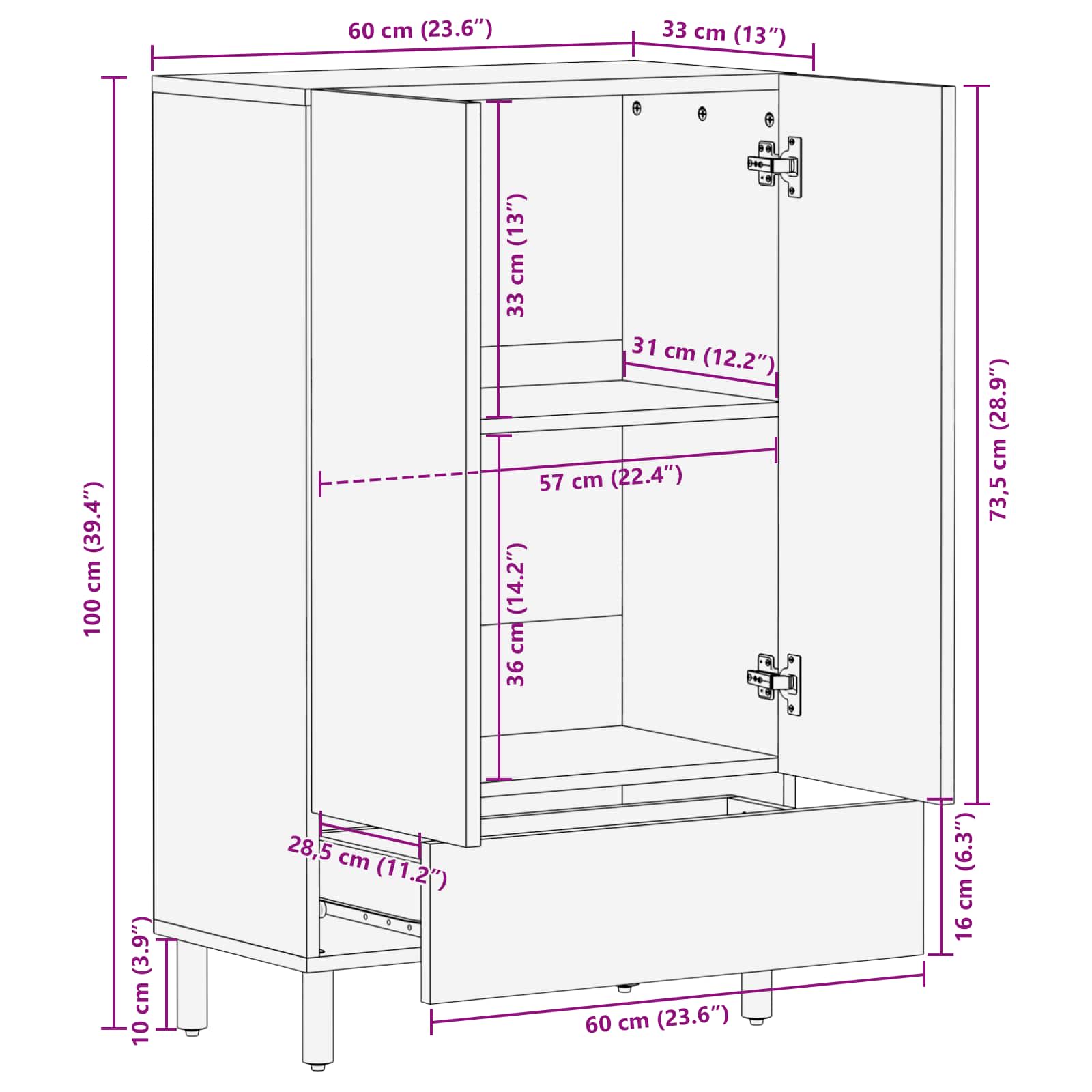 Haut Armoire avec tiroir Finition Lavage Blanc 60 x 33 x 100 cm - XIOS
