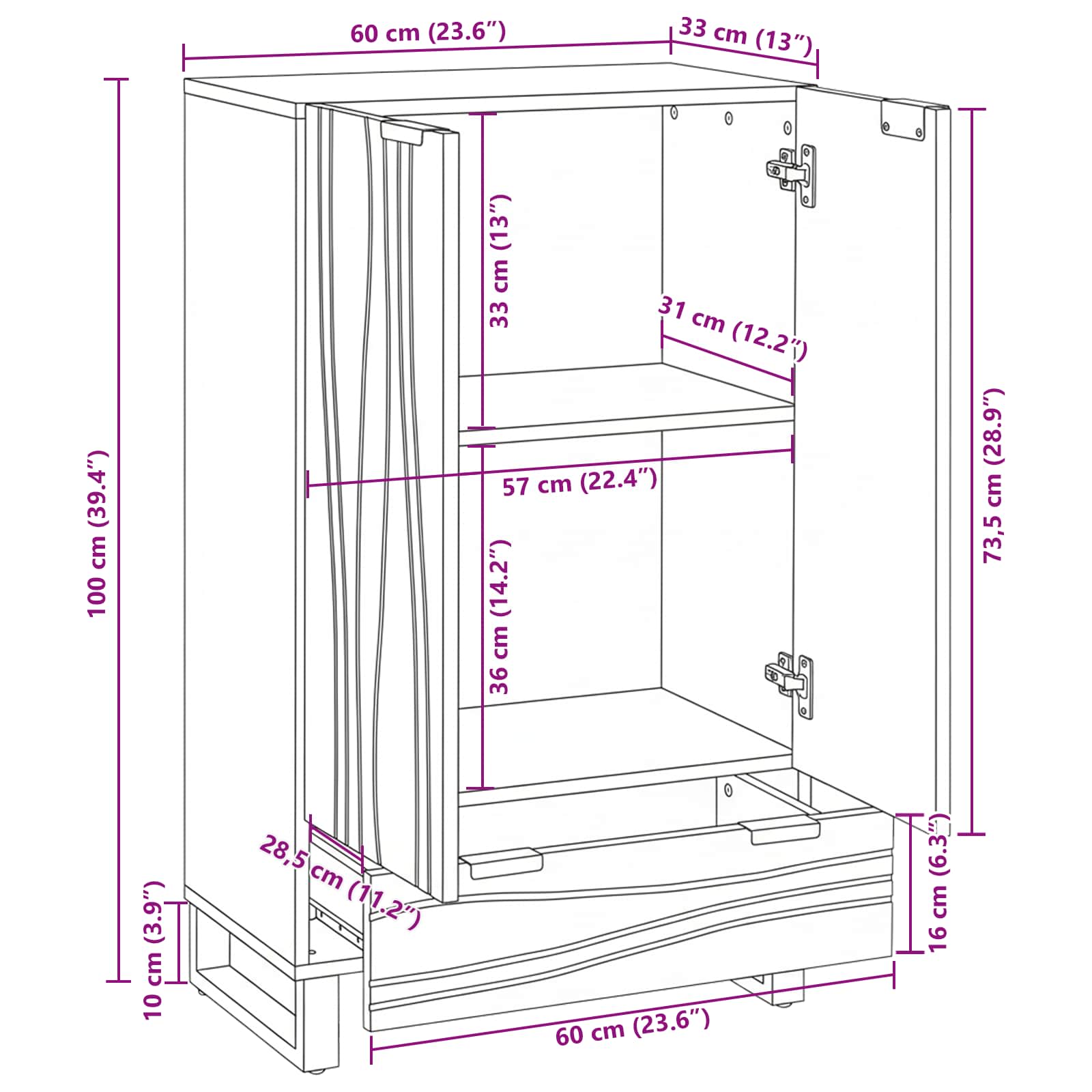 Buffet Marron 60 x 33 x 100 cm bois de manguier massif - XIOS