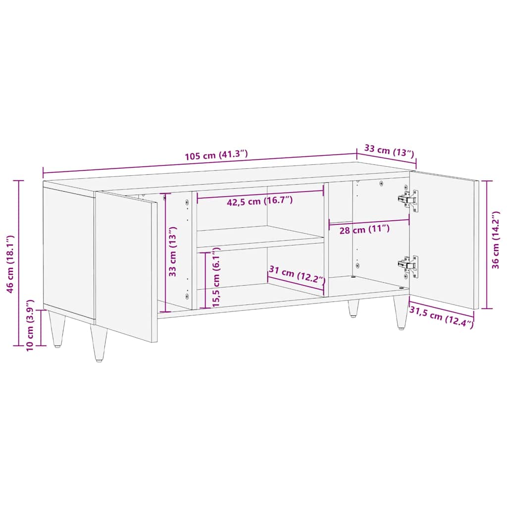 Meuble TV Marron clair 105 x 33 x 46 cm bois de manguier massif - XIOS