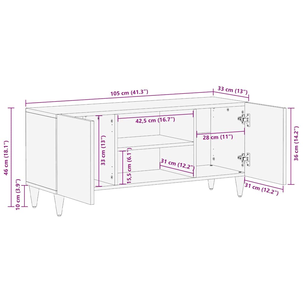 Meuble TV Blanc 105 x 33 x 46 cm bois de manguier massif XIOS