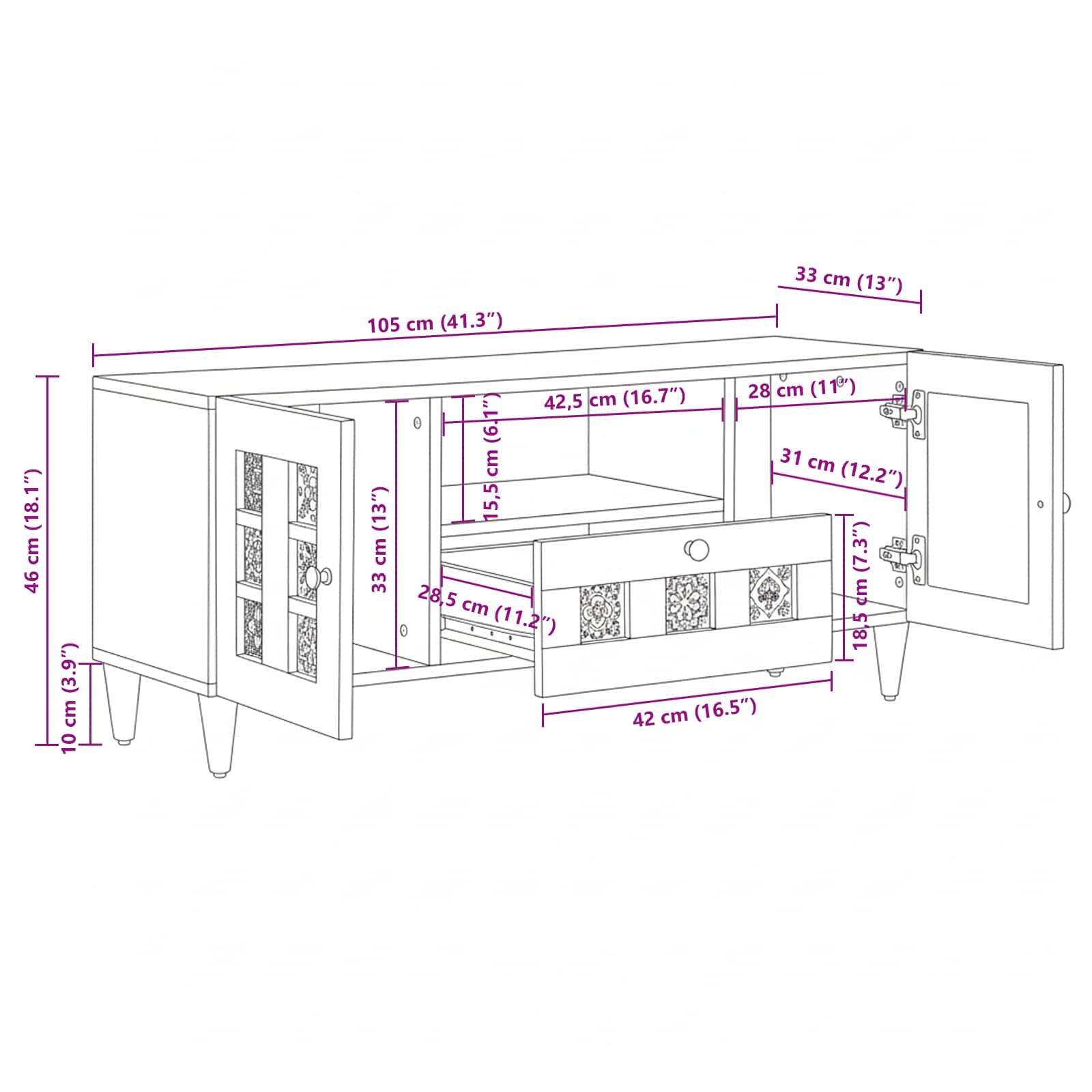 Meuble TV Noyer 105 x 33 x 46 cm Bois de mangue massif - XIOS