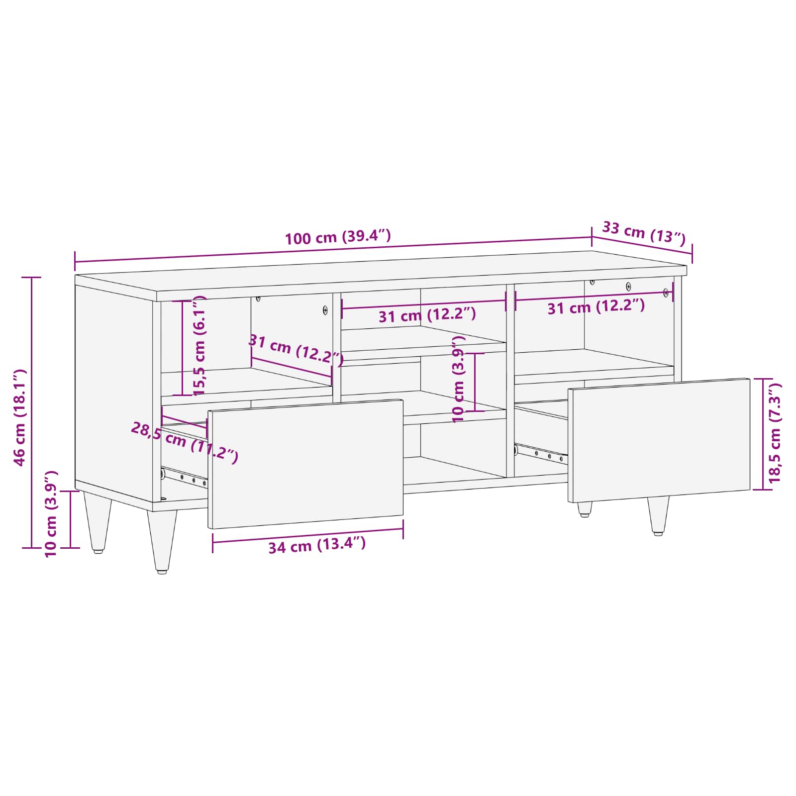 Meuble TV Noyer 100 x 33 x 46 cm Bois de mangue massif - XIOS